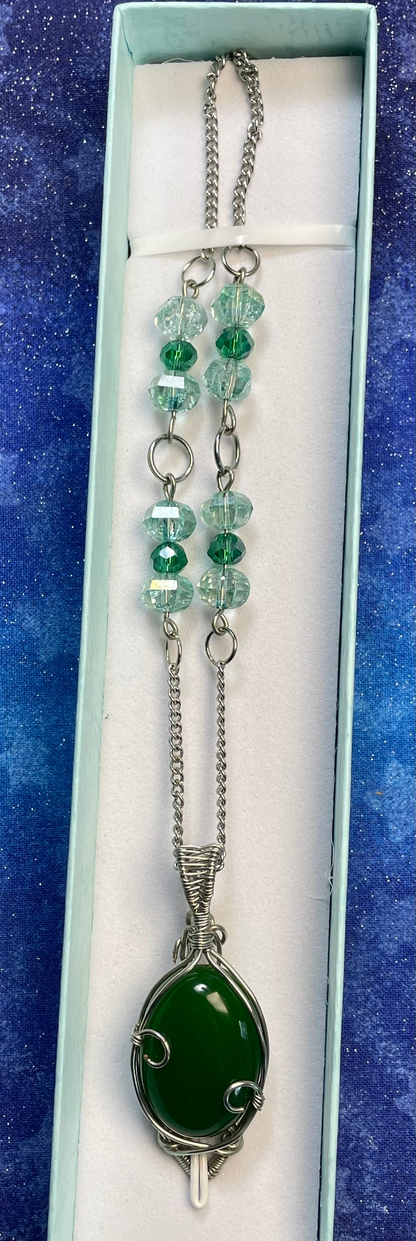 Green Agate & Swarovski Crystals Wire Wrap